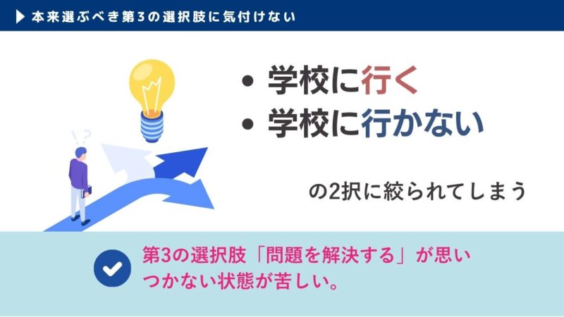 学校に行く・行かないの選択肢意外「問題を解決する」という選択肢が思いつかない状態なのが不登校の時
