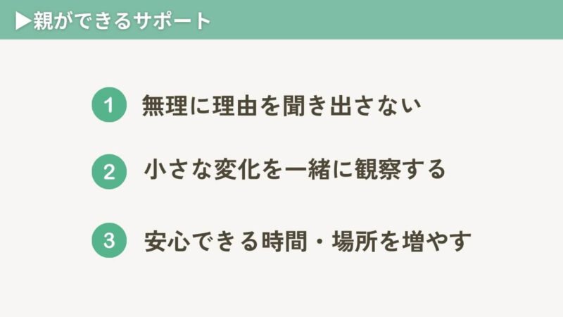 不登校の子どもを支える親のサポート方法をまとめたイラスト。無理に理由を聞かない・変化を観察・安心してもらうがポイント